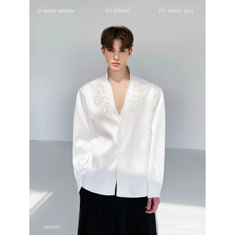 Embroidered Stand Collar Brocade Dress Shirt 1