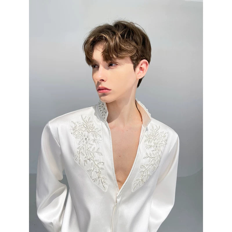 Embroidered Stand Collar Brocade Dress Shirt 5