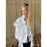 Embroidered Stand Collar Long Sleeve Ribbon Shirt 1