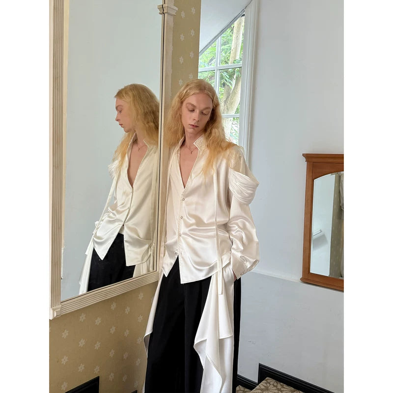 Embroidered Stand Collar Long Sleeve Ribbon Shirt 5