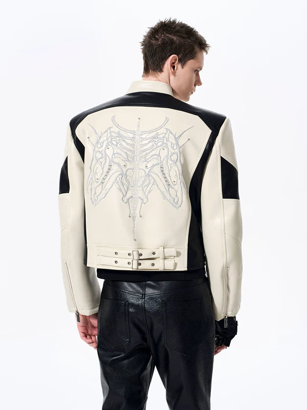 Embroidered Stand Collar Motorcycle Leather Jacket 2