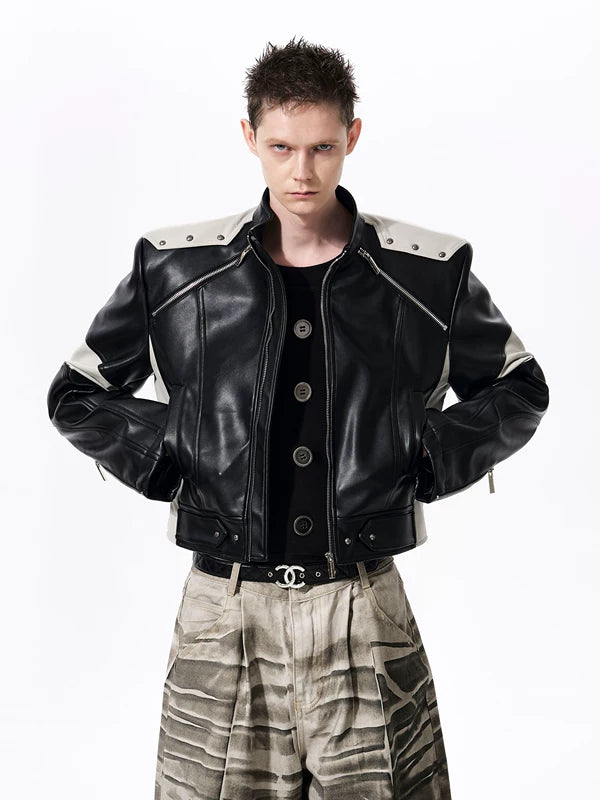 Embroidered Stand Collar Motorcycle Leather Jacket 3