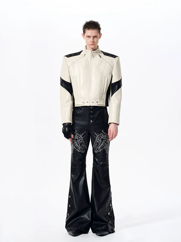Embroidered Stand Collar Motorcycle Leather Jacket 4