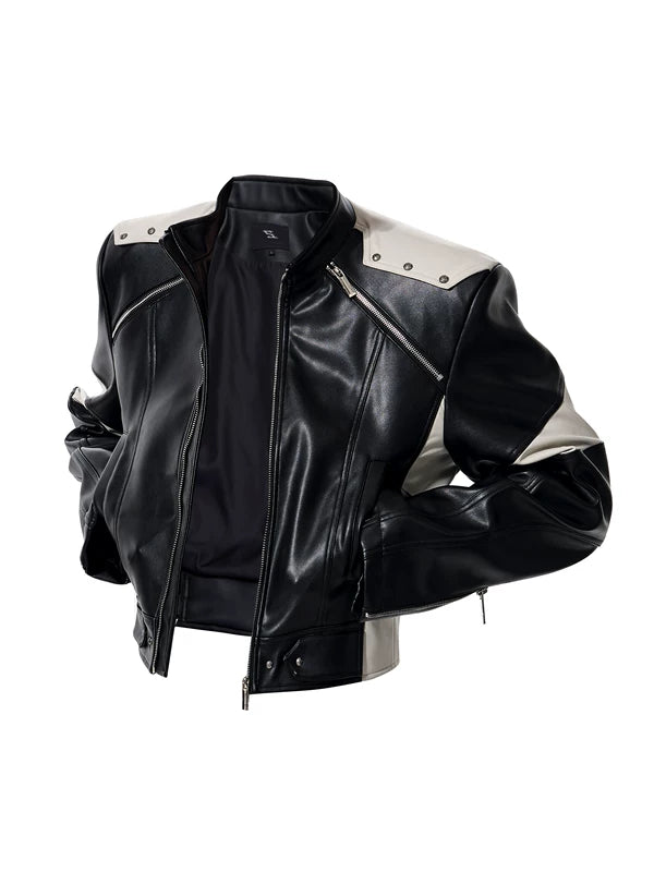 Embroidered Stand Collar Motorcycle Leather Jacket 5