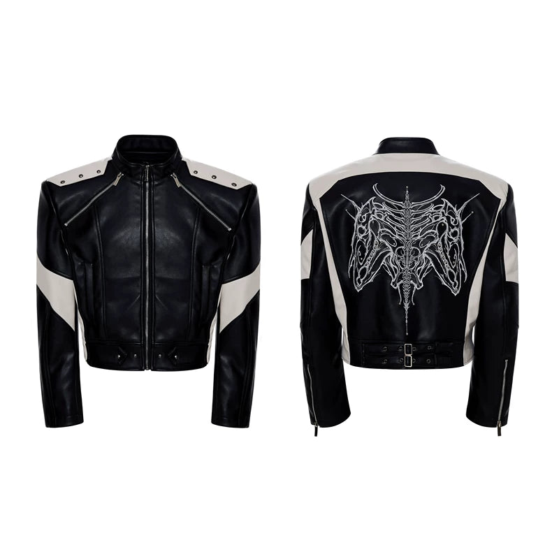 6026747948285,6026747948286,6026747948287,6026747948288, Embroidered Stand Collar Motorcycle Leather Jacket