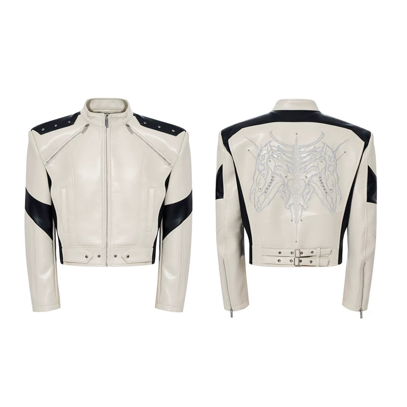 6026747948289,6026747948290,6026747948291,6026747948292, Embroidered Stand Collar Motorcycle Leather Jacket