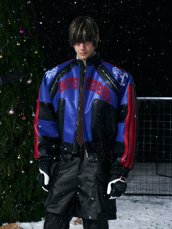 Embroidered Stand-Up Collar Leather Motorcycle Jacket 2