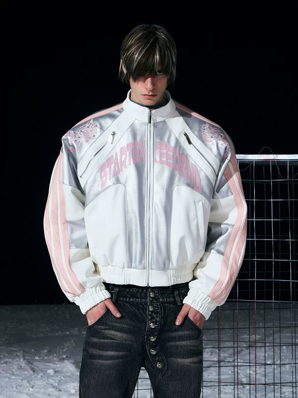 Embroidered Stand-Up Collar Leather Motorcycle Jacket 3