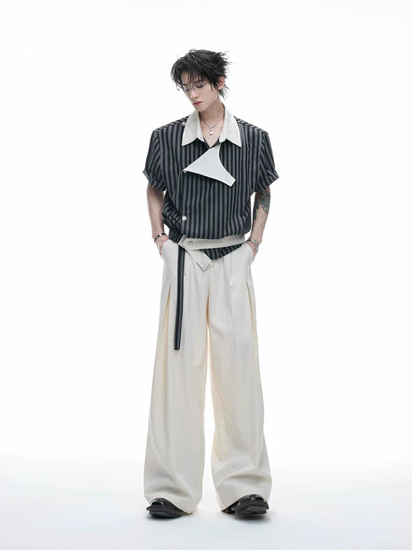 Embroidered Striped Asymmetrical Short-Sleeve Shirt 3
