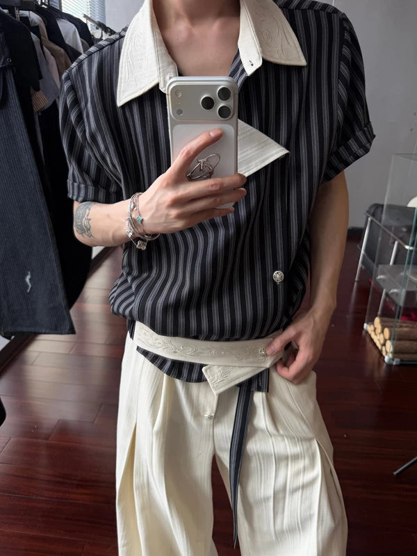 Embroidered Striped Asymmetrical Short-Sleeve Shirt 4