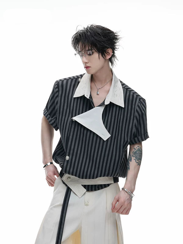 Embroidered Striped Asymmetrical Short-Sleeve Shirt 5