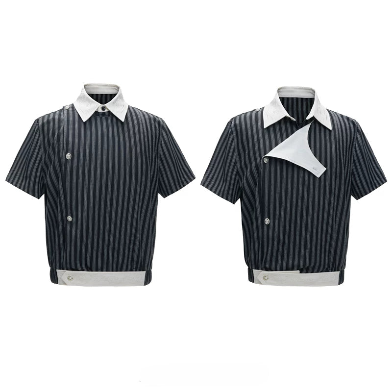 6252633119359,6252633119360,6252633119361,6252633119362, Embroidered Striped Asymmetrical Short-Sleeve Shirt