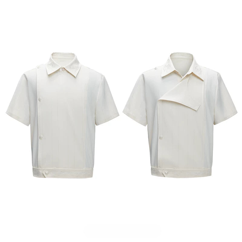 6252633119363,6252633119364,6252633119365,6252633119366, Embroidered Striped Asymmetrical Short-Sleeve Shirt
