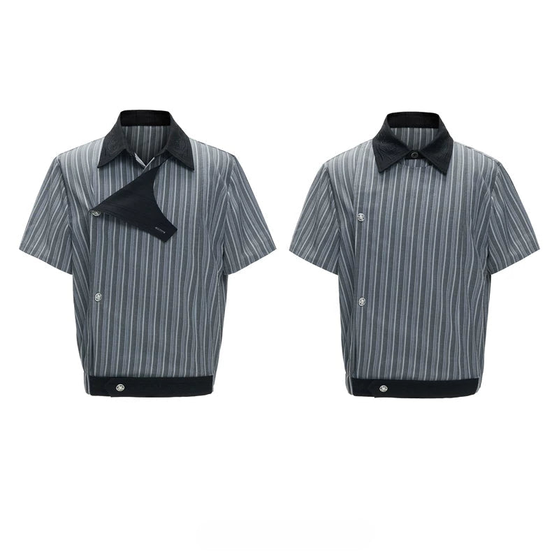6260485823781,6260485823782,6260485823783,6260485823784, Embroidered Striped Asymmetrical Short-Sleeve Shirt