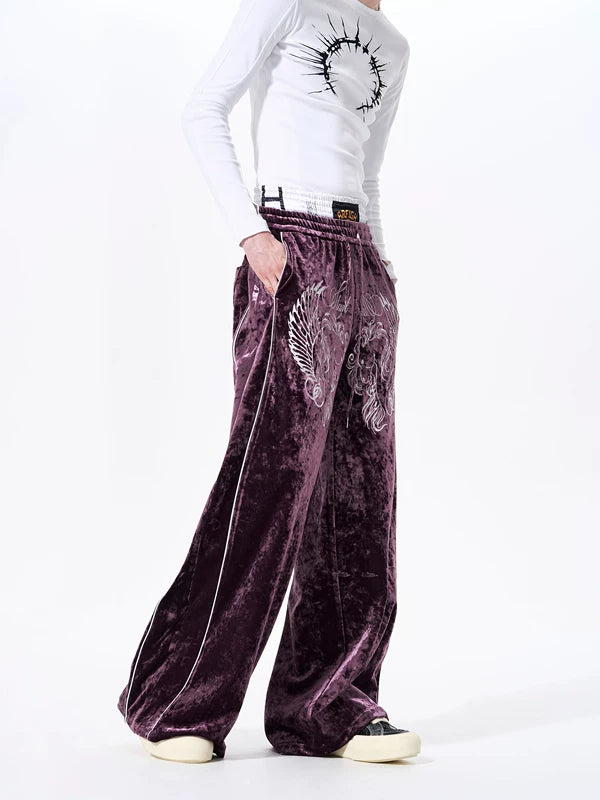 Embroidered Velvet Wide-Leg Sweatpants 4