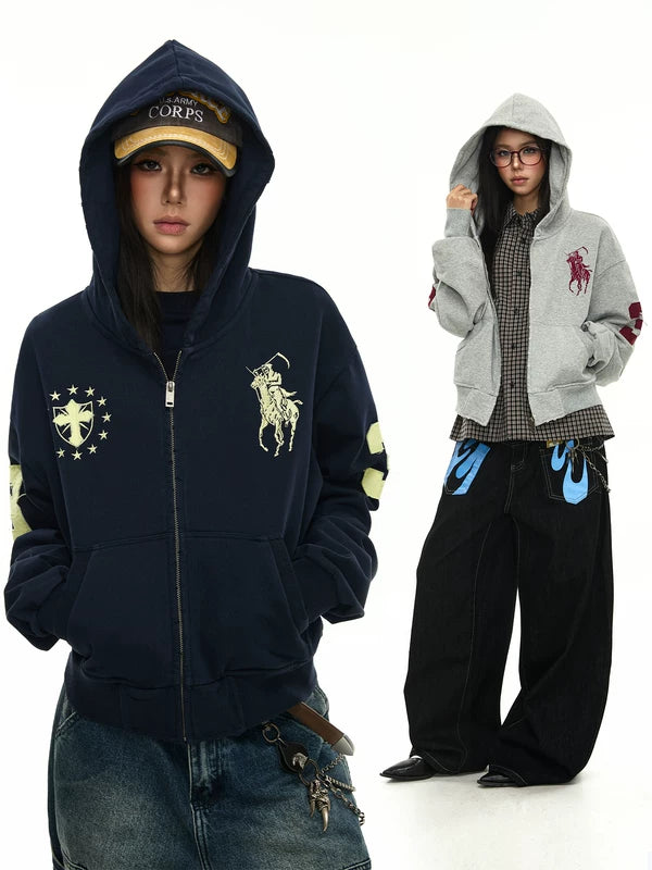 Embroidered War Horse Boxy Zip Hoodie 1