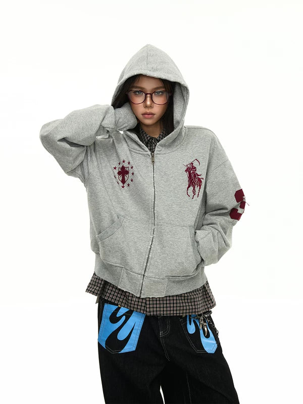 Embroidered War Horse Boxy Zip Hoodie 2
