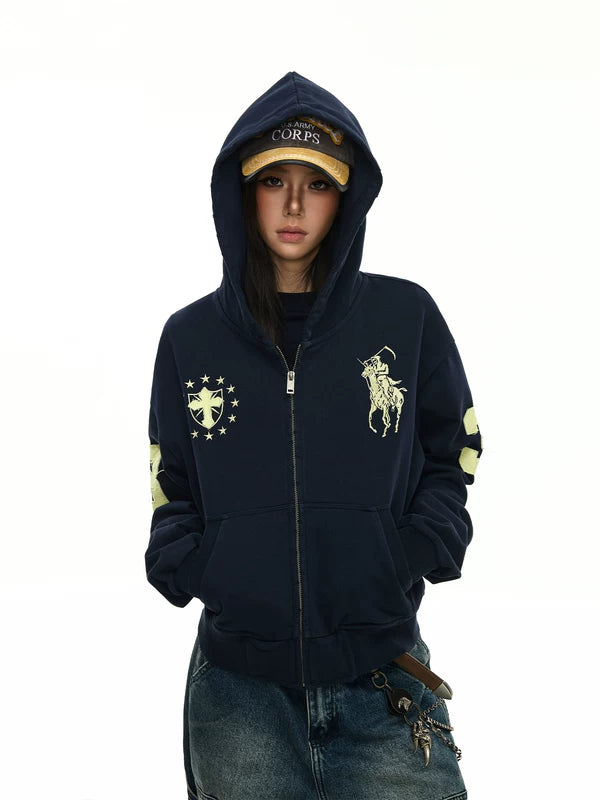 Embroidered War Horse Boxy Zip Hoodie 3