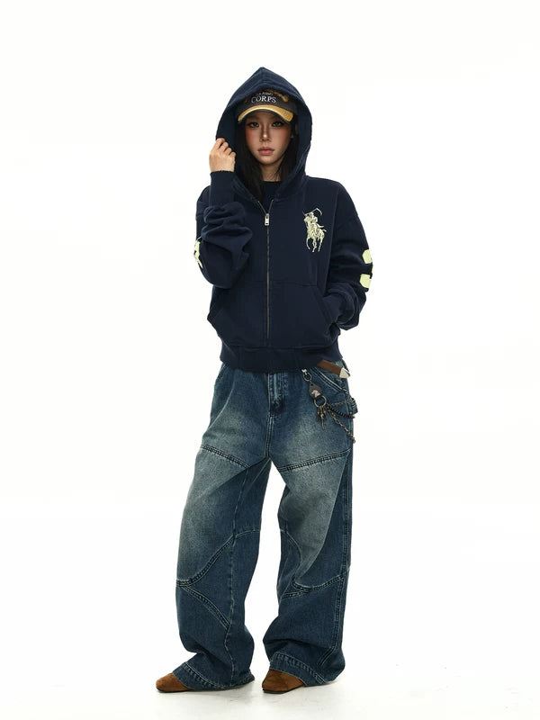 Embroidered War Horse Boxy Zip Hoodie 5