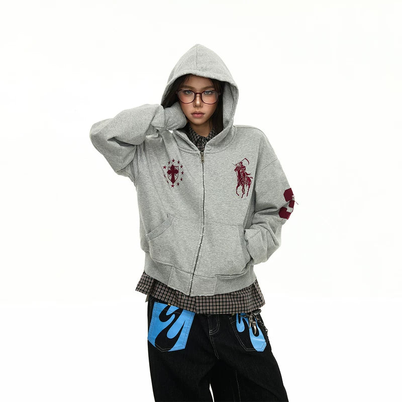 6197663718366,6197663718367,6197663718368,6197663718369, Embroidered War Horse Boxy Zip Hoodie