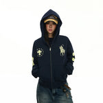 6197663718370,6197663718371,6197663718372,6197663718373, Embroidered War Horse Boxy Zip Hoodie