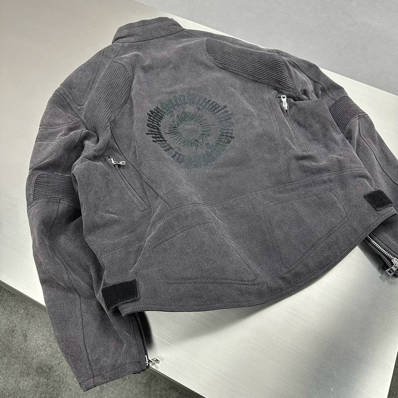 Embroidered Washed Denim Motorcycle Riding Jacket 2