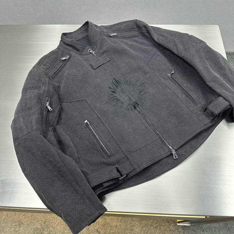 Embroidered Washed Denim Motorcycle Riding Jacket 5