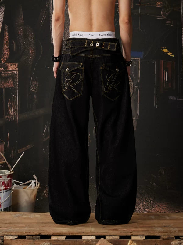 Embroidered Wide Leg Deconstructed Denim Pants 1