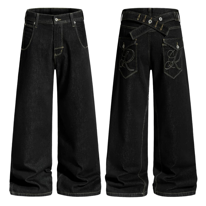 6058237128572,6058237128573,6058237128574,6058237128575,6058237128576, Embroidered Wide Leg Deconstructed Denim Pants