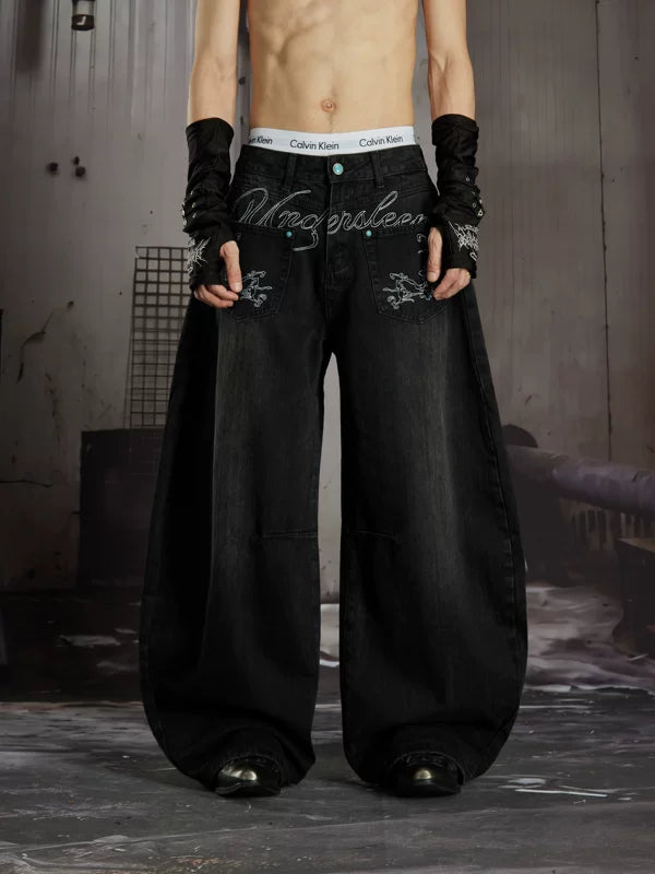Embroidered Wide Leg Denim Pants 1