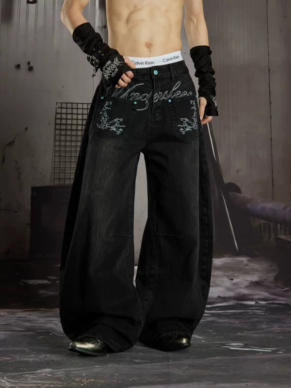 Embroidered Wide Leg Denim Pants 2