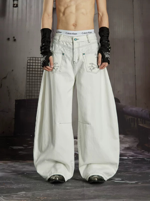 Embroidered Wide Leg Denim Pants 4