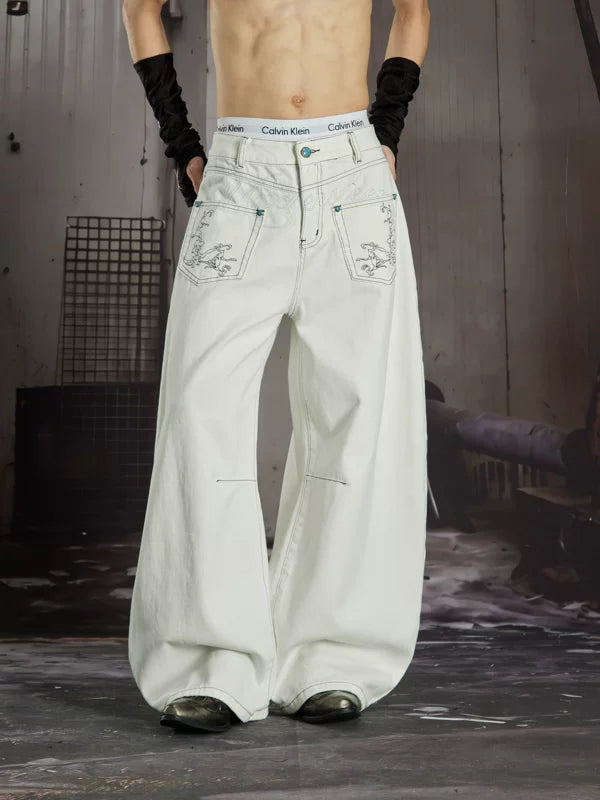 Embroidered Wide Leg Denim Pants 5