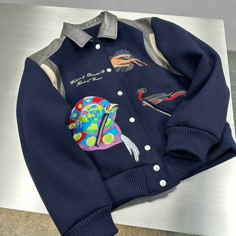 Embroidered Wool Cashmere Patchwork Baseball Jacket 2