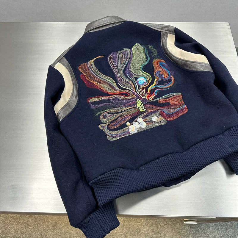 Embroidered Wool Cashmere Patchwork Baseball Jacket 3