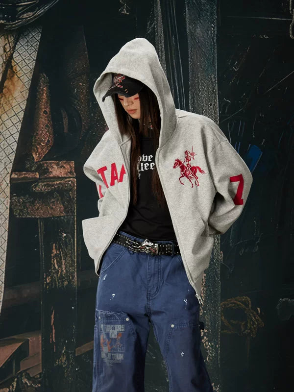 Embroidered Zip-Up Hooded Sweatshirt Jacket 3