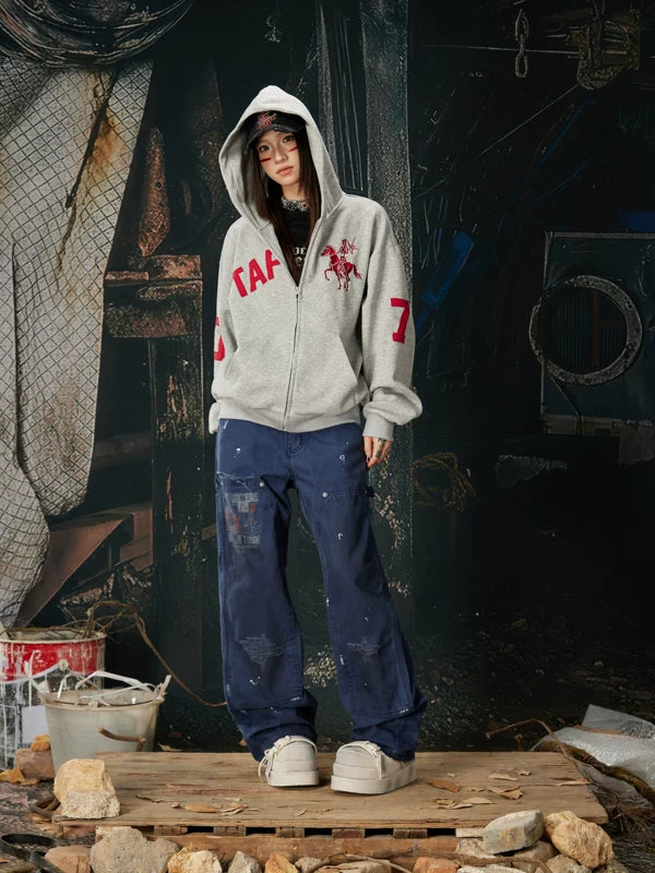 Embroidered Zip-Up Hooded Sweatshirt Jacket 5
