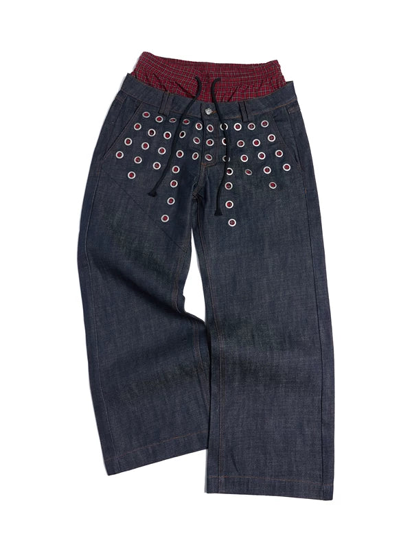 Eyelet Detail Double Waistband Denim Pants 1