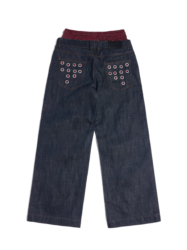 Eyelet Detail Double Waistband Denim Pants 2