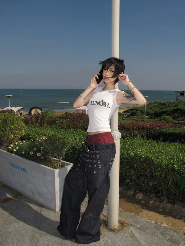 Eyelet Detail Double Waistband Denim Pants 3