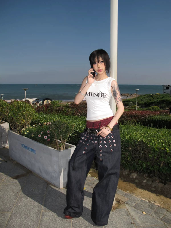 Eyelet Detail Double Waistband Denim Pants 4