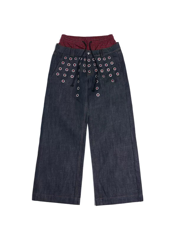 6074506313580,6074506313581,6074506313582,6074506313583, Eyelet Detail Double Waistband Denim Pants