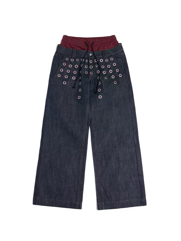 6254695138863,6254695138864,6254695138865,6254695138866, Eyelet Detail Double Waistband Denim Pants