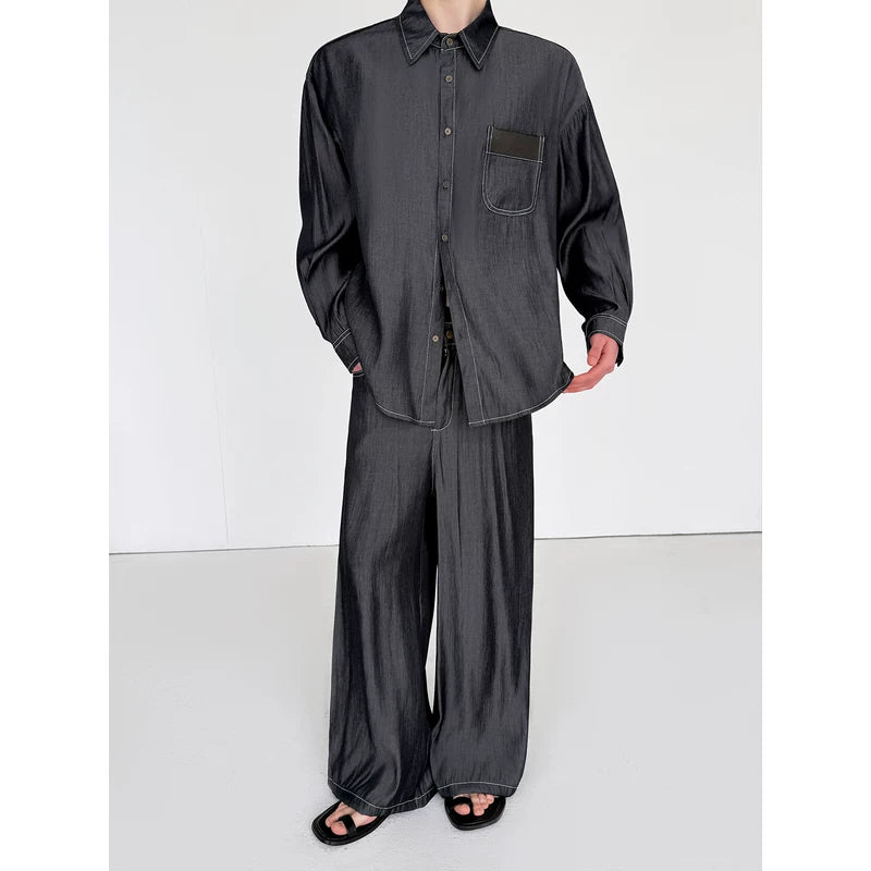 Faux Denim Leather Shirt and Pants Set 3