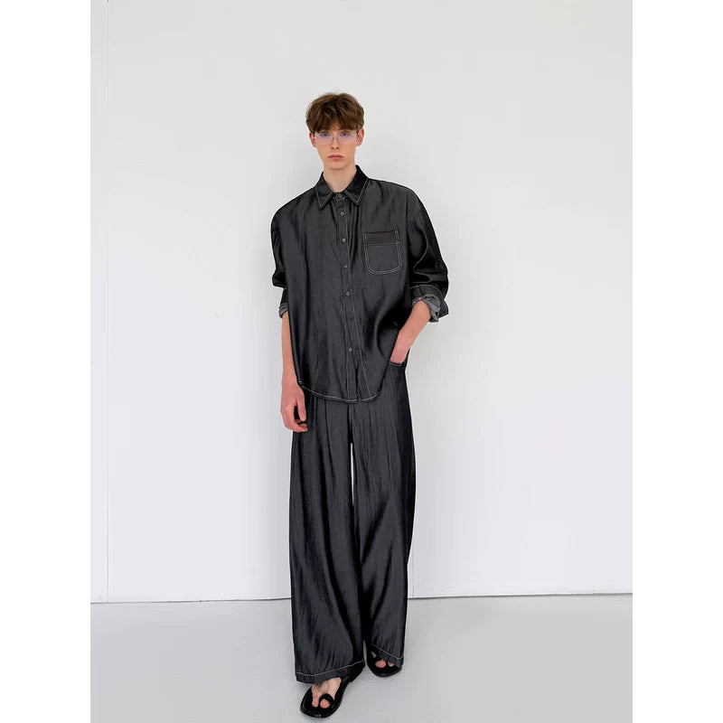 Faux Denim Leather Shirt and Pants Set 4