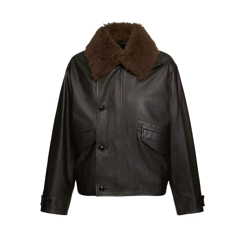 Faux Fur Collar Leather Bomber Jacket 1