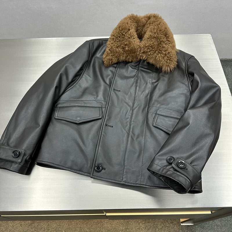 Faux Fur Collar Leather Bomber Jacket 2