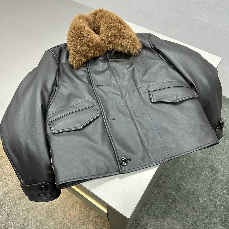 Faux Fur Collar Leather Bomber Jacket 4