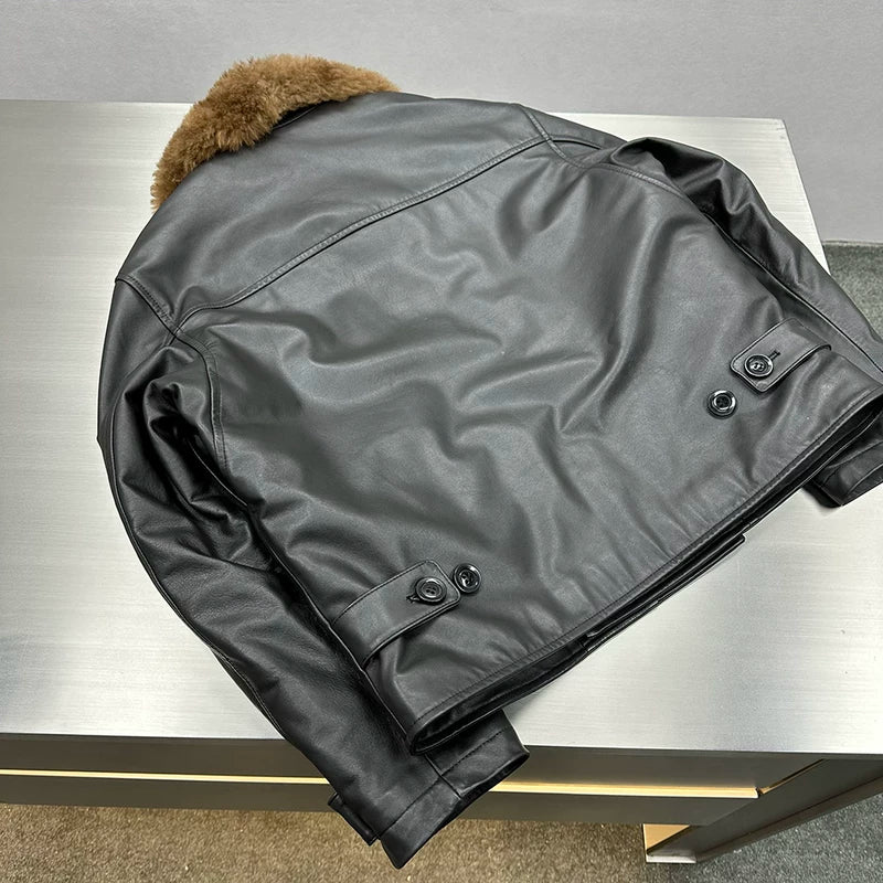 Faux Fur Collar Leather Bomber Jacket 5