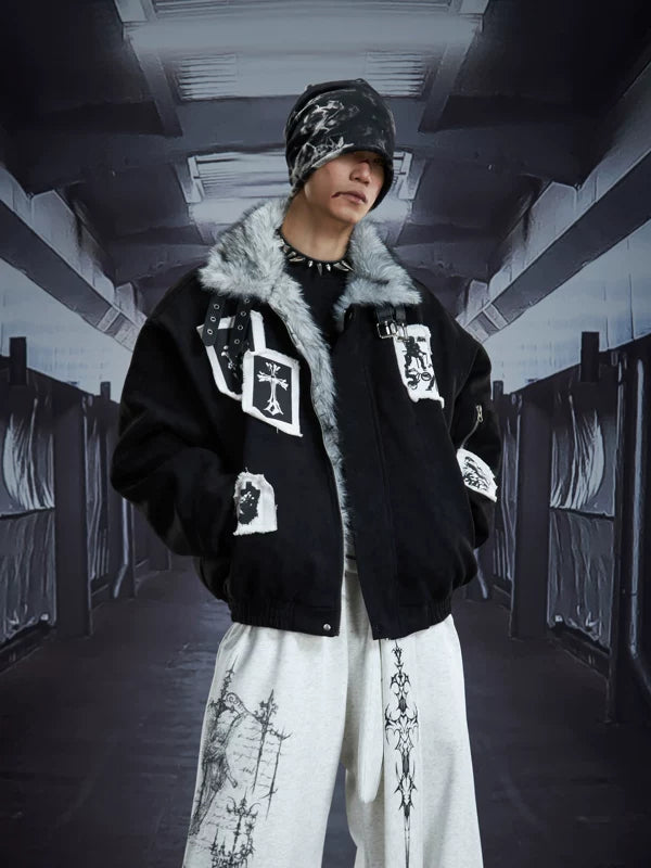 5985520264789,5985520264790,5985520264791, Faux Fur Collar Patchwork Zip Cotton Jacket
